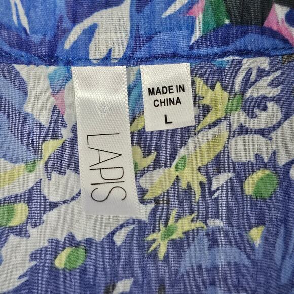 Top Lapis sheer floral blue green yellow print sleeveless button up blouse Large - Picture 3 of 8